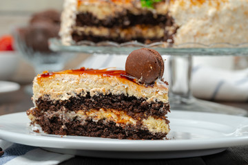 Chocolate cake with whipped cream icing on plate