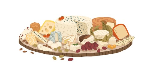 Composition of various cheeses on plate vector illustration. Collection of lactic product on rustic wooden board isolated on white background. Set of realistic dairy delicatessen with grape.