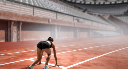 Sportswoman running race. Mixed media