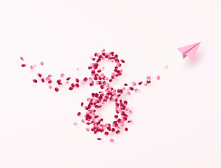 Women day background with paper flying airplane and rose flower petals. Vector pink floral symbol of 8 March for greeting card design..