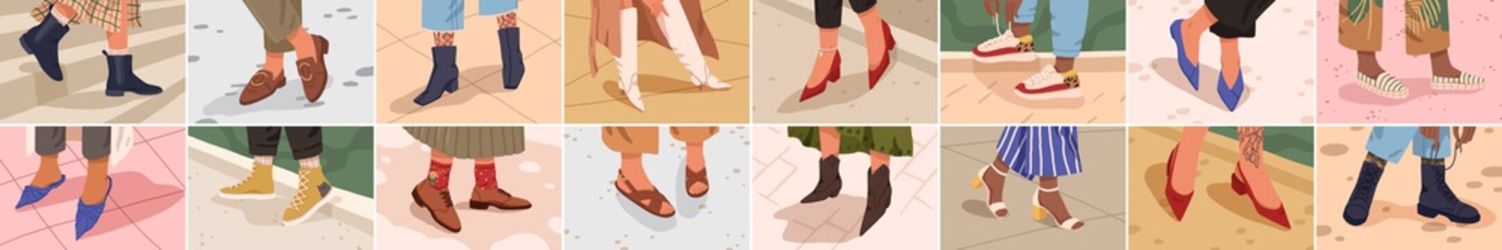 Set of different female legs wearing trendy shoes and boots colored vector flat illustration. Cartoon fashionable woman in classy footwear collection. Modern stylish foot accessory.