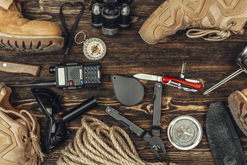 travel hiking equipment tools, view from above