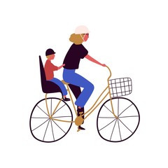 Active mother and son ride on bike vector flat illustration. Happy family cycling together isolated on white background. Concept of healthy lifestyle, leisure and spending time outdoor.
