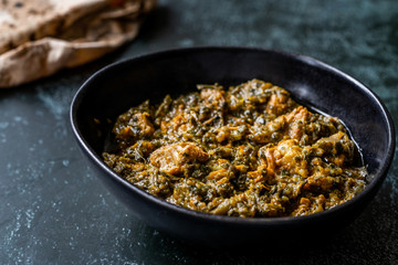 Indian Dish Spinach Lamb Palak with Chappati Flat Bread.