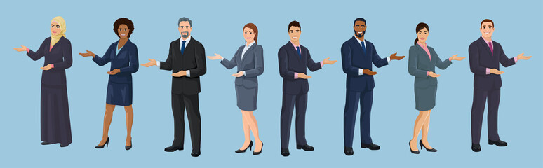 Diversity business people. European, African American, Asian and Arab business men and women are pointing sideways by hand. Set of isolated vector illustrations - 317200534