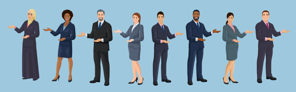 Diversity business people. European, African American, Asian and Arab business men and women are pointing sideways by hand. Set of isolated vector illustrations