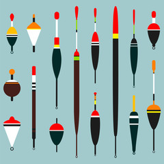 Set of fishing floats. Can be used for fishing design. Vector illustration. - obrazy, fototapety, plakaty