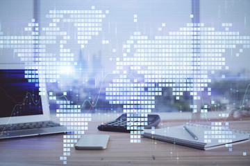 Multi exposure of business theme icons and work space with computer background. Concept of success.