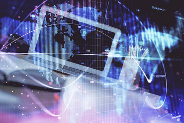 Multi exposure of business theme icons and work space with computer background. Concept of success.