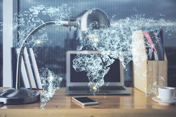 Computer on desktop with social network theme icon. Multi exposure. Concept of international connections.