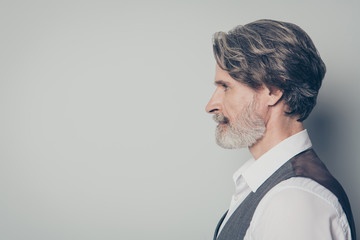 Closeup profile photo of aged handsome business man looking empty space seriously not smiling wear...