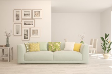 Stylish room in white color with sofa. Scandinavian interior design. 3D illustration