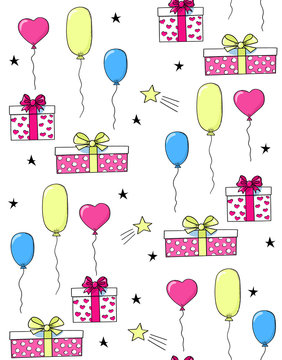 Gift boxes and balloons festive seamless pattern. Colored bright  hand-drawn design for the birthday decoration of packaging, scrapbooking paper, textiles. Stock vector doodle illustration isolated.