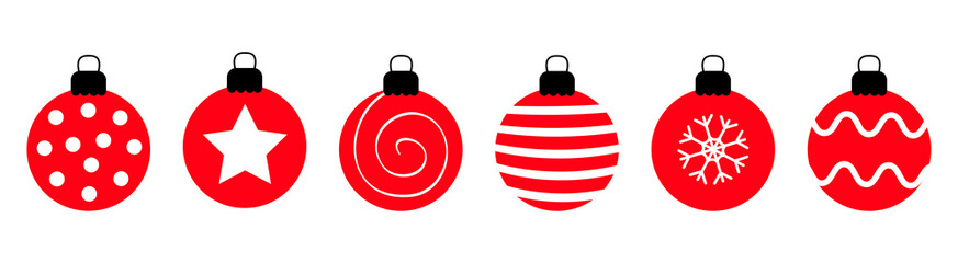Merry Christmas ball set line. Cute round red and black bauble toy. Happy New Year sign symbol. Star, dot, zigzag pattern. Flat design style. Winter background. Isolated.
