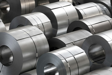 amount of steel coils in warehouse, heavy industries - obrazy, fototapety, plakaty