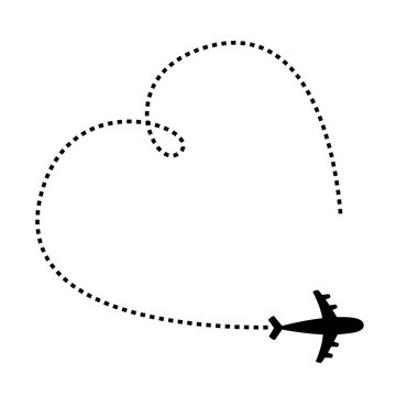 Air plane icon. Black silhouette shape. Airplane flying. Big dash line heart loop in the sky. Travel trace. Happy Valentines Day Love romantic card. Flat design. Isolated. White background.