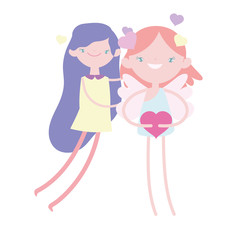 happy valentines day, cute girl and cupid holding heart love romantic
