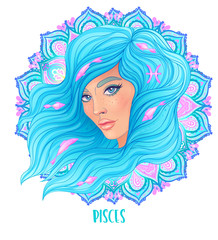 Drawing of Pisces astrological sign as a beautiful girl over ornate mandala pattern. Zodiac vector illustration isolated on white. Future telling, horoscope, alchemy, fashion woman.