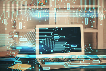 Technology theme drawing and work space with computer. Multi exposure. Concept of innovation.