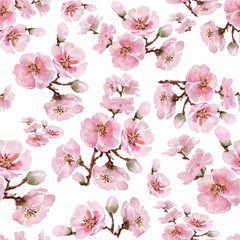 Flowering branch of Japanese sakura. Seamless pattern. Watercolor.