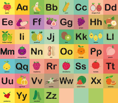 A-Z fruit alphabet set for kids, Vector illustration 