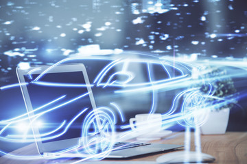 Desktop computer background in office with automobile hologram drawing. Multi exposure. Tech concept.