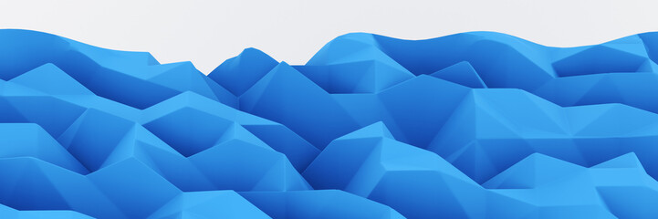 Blue Chaotic Cubes Wall Background. Panorama high resolution wallpaper. 3d Render Illustration