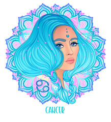 Drawing of Cancer astrological sign as a beautiful girl over ornate mandala pattern. Zodiac vector illustration isolated on white. Future telling, horoscope, alchemy, fashion woman.