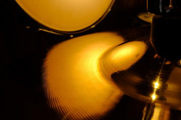 Close up Shiny Cymbals Musical instrument. Drum Set percussion. with selective focus