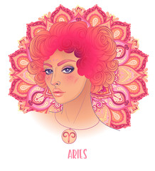 Drawing of Aries astrological sign as a beautiful girl over ornate mandala pattern. Zodiac vector illustration isolated on white. Future telling, horoscope, alchemy, spirituality, fashion woman.