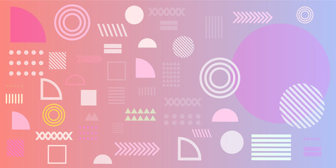 Fototapeta na wymiar Memphis design elements simple gradient abstract background with circles, line, rectangle, dots, cross, mountain river egypt basic shape vector illustration for business, shirt, and many more. 