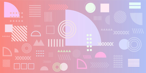 Memphis design elements simple gradient abstract background with circles, line, rectangle, dots, cross, mountain river egypt basic shape vector illustration for business, shirt, and many more. 