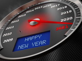 Fototapeta premium The speedometer indicates 2021 and the inscription on the screen: Happy New Year. 3d render