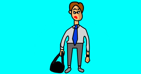 Angry office worker with a blue tie and bag came to work on Monday