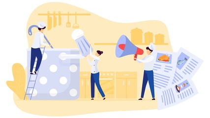 Restaurant team cooking soup in kitchen, recipe instructions, vector illustration