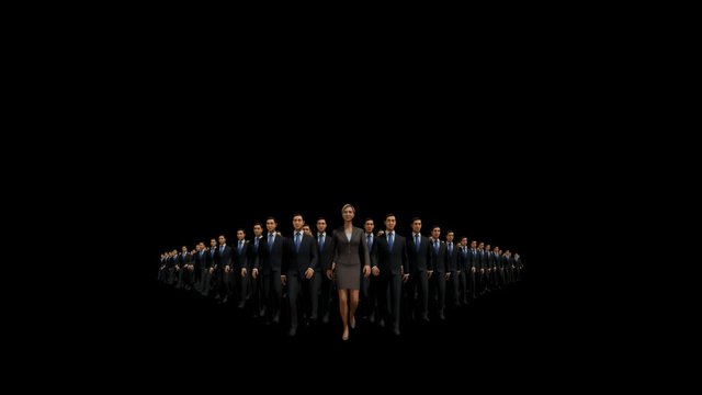 Businessmen lead by a businesswoman, 4K, against black
