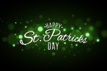 Saint Patrick's day cover. Green glowing glares bokeh. Festive lettering for your design. Abstract glitter. Vector illustration