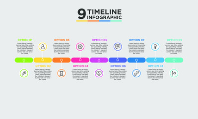 9 step timeline infographic element. Business concept with nine options and number, steps or processes. data visualization. Vector illustration.