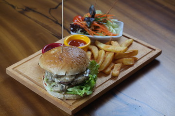 Hamburger with French Fries and Salad