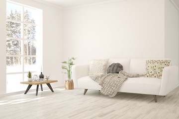 Stylish room in white color with sofa and winter landscape in window. Scandinavian interior design. 3D illustration