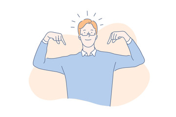 High self esteem concept. Proud young man pointing at himself with both hands, confident, successful handsome guy bragging, narcissistic, arrogant, charming leader. Simple flat vector - obrazy, fototapety, plakaty