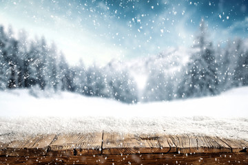 Desk of free space cover of snow and free space for your decoration 