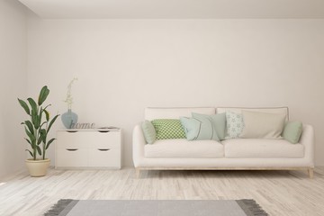 Naklejka premium Stylish room in white color with sofa. Scandinavian interior design. 3D illustration