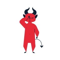 Tired cartoon red devil vector flat illustration. Exhausted little monster closed face by hand isolated on white background. Horned demon having headache