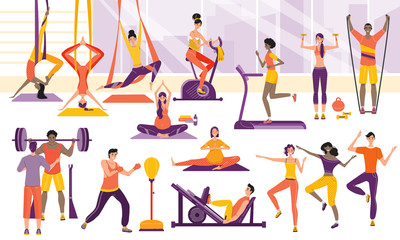 Sport people training in gym, cartoon sport characters workout vector illustration