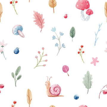 Cute vector baby pattern with watercolor snail, mushrooms, leaves, berries. Stock illustration.