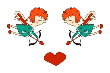 sweet Cupids aim for the heart-Valentine's day greeting card. hand-drawn vector illustration