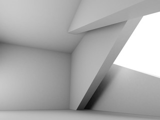 Empty abstract interior with geometric installation and white window 3d
