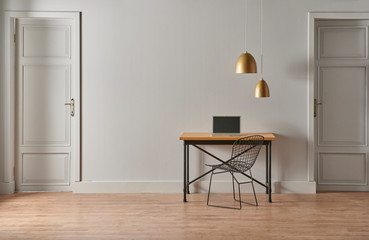 Grey living room concept, door detail, working table and chair style.