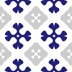 Seamless decorated pattern with blue and grey ornaments over white background